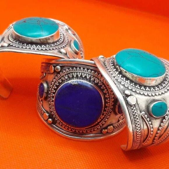 Single Boho Kuchi Cuff Bracelet With Round Shaped Stones, Tribal Ethnic Cuff - Picture 5 of 5